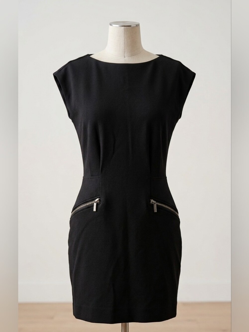 Michael Kors Black Cap-Sleeve Sheath Dress with Gold Zippers